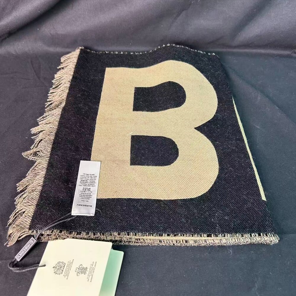 Burberry Monogram “B” Wool-Blend Scarf — Black/Beige, New